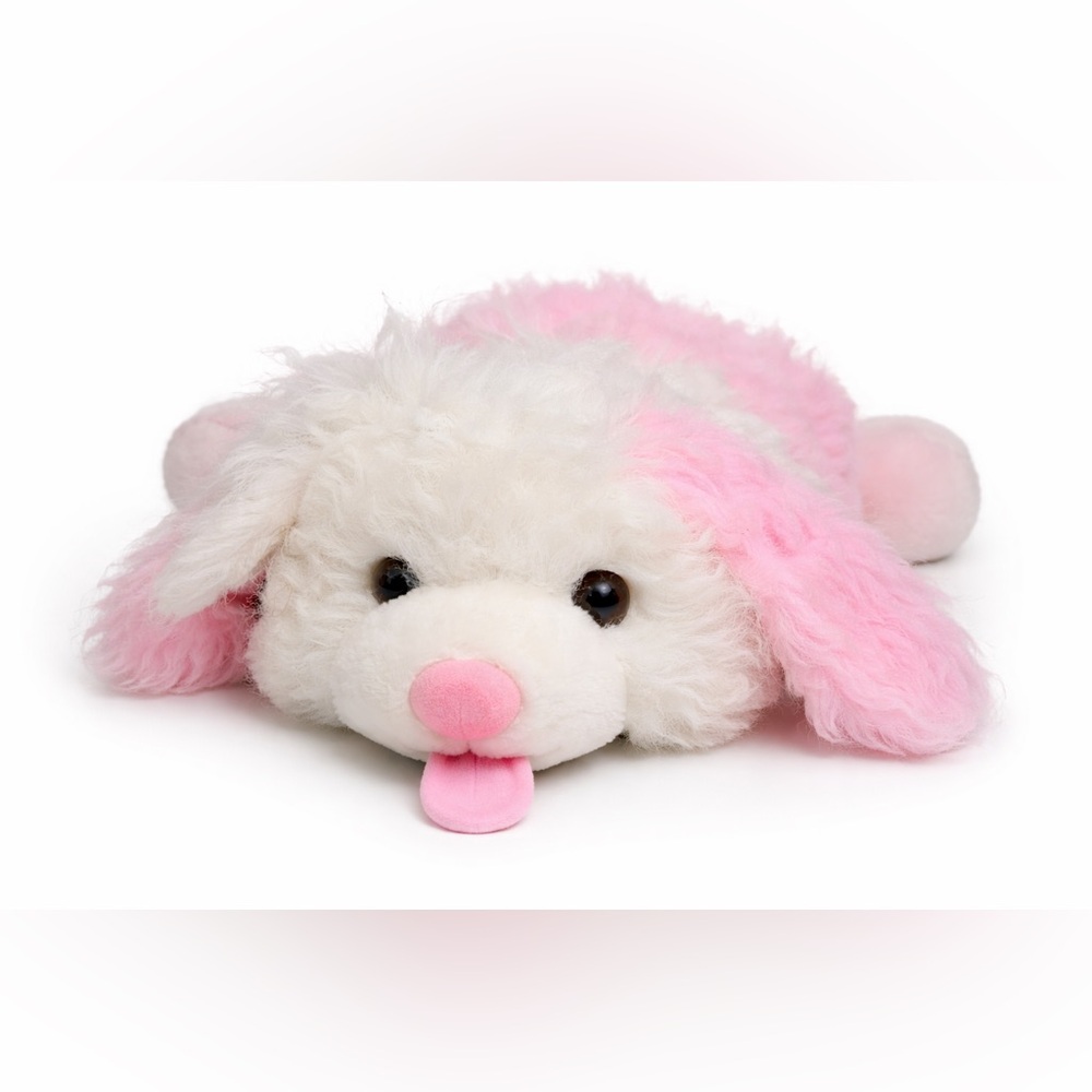 Vintage 1989 Pink & White Plush Dog Puppy Stuffed Animal Tongue Out Soft Toy